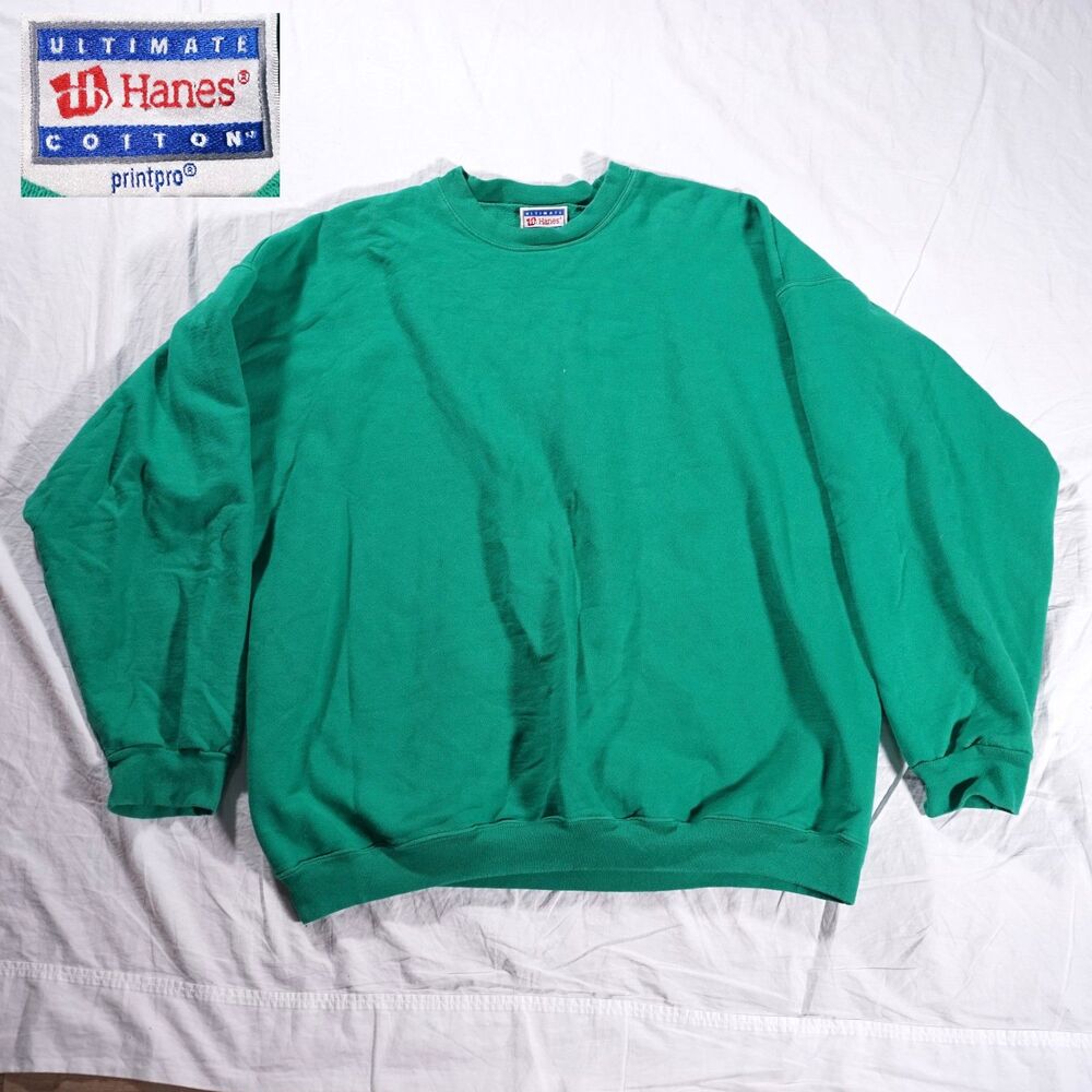 Hanes Ultimate Cotton Crewneck Sweatshirt Green Blank Vintage Mens XL